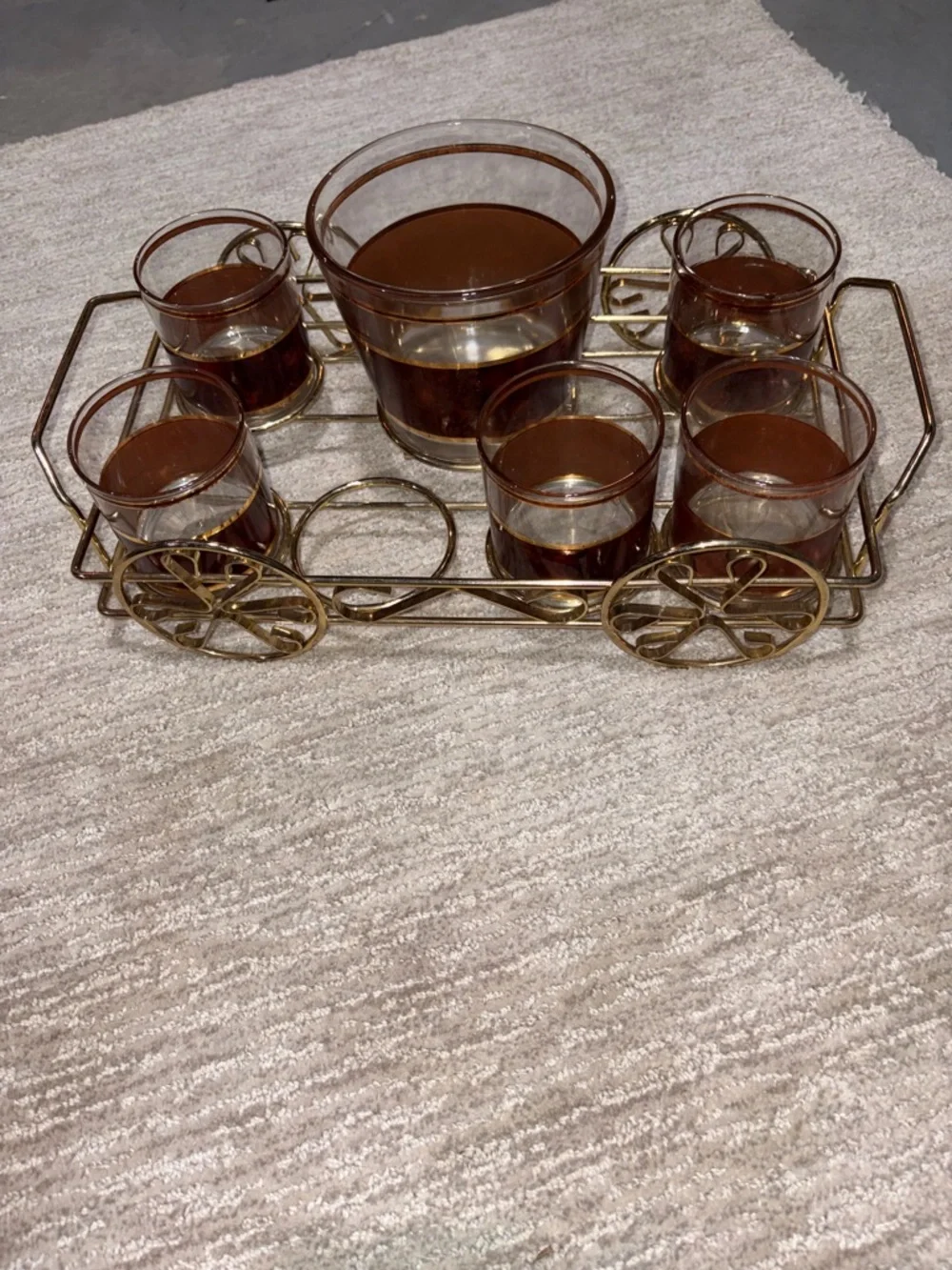 Culver Tortoise 22K. trimmed bar set in original classic wagon shaped carrier